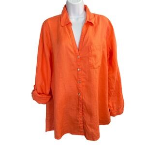 Sigrid Olsen Linen Tunic Top L Orange Button Up Summer Resort Beach Coastal Boho